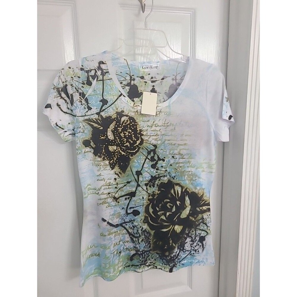 NWT Katie's Kloset Green Leopard Fleur De Lis Rhinestone Top Medium Y2K Bling